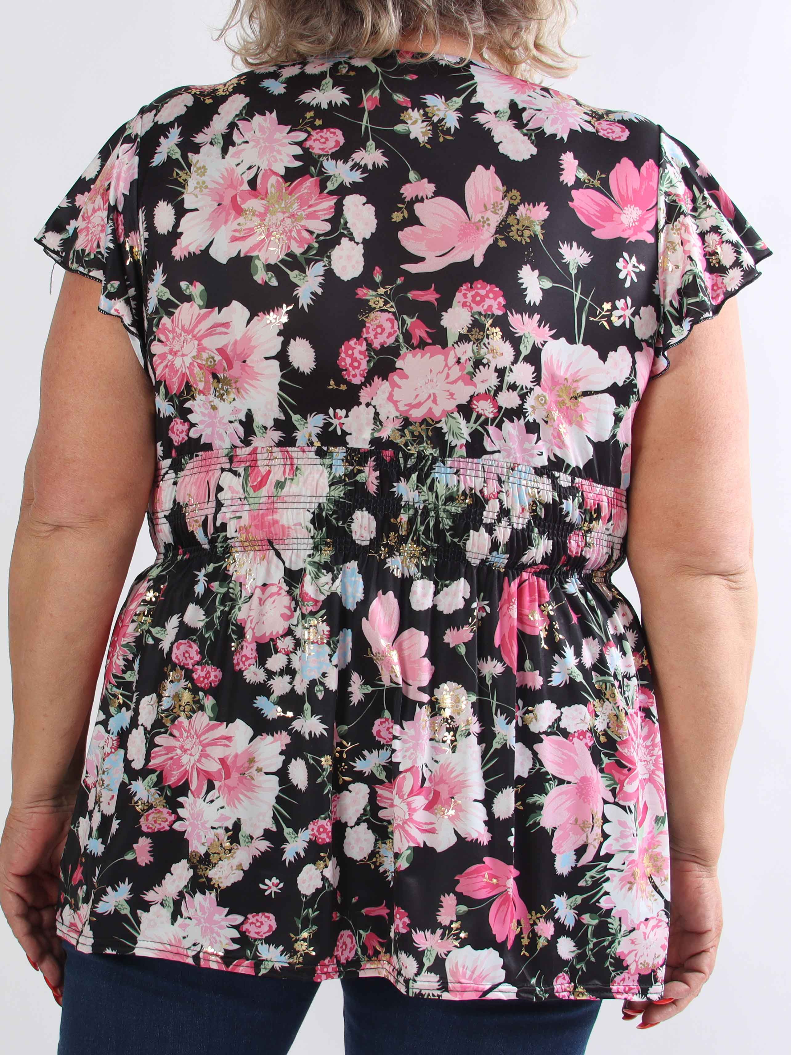 Pams Flower Shirt - Plus size bluse med fine blomster og guld detaljer